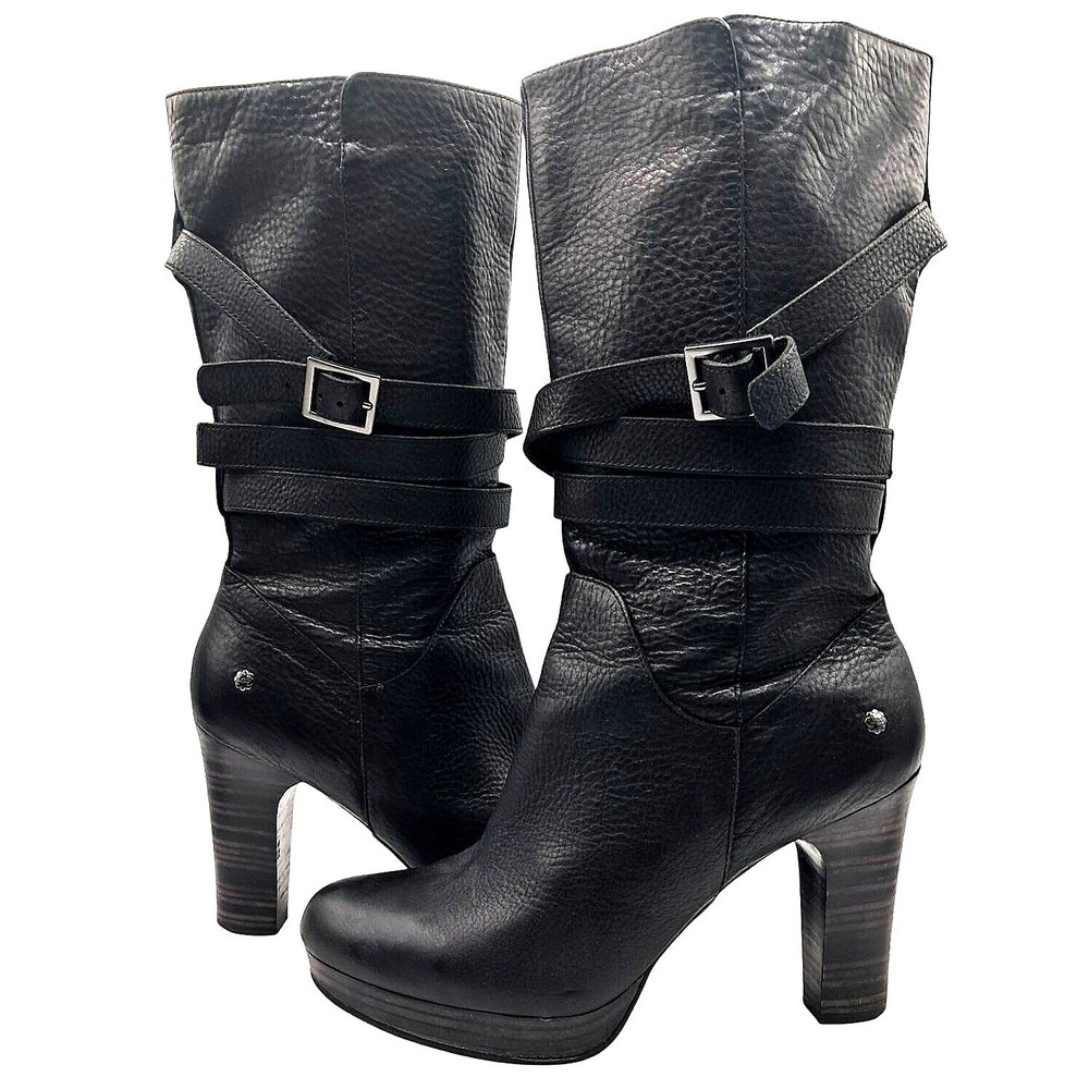 Goth Core UGG Ellee Mid-Calf Boots Women 10 Black Leather Buckle Straps 1004150